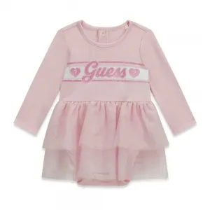 Боди рокля за новородено момиче в розов цвят с тюл и надпис Guess