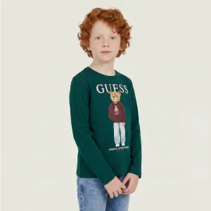 Блуза в цвят зелено за мини момче с цветно мече и бял надпис Guess